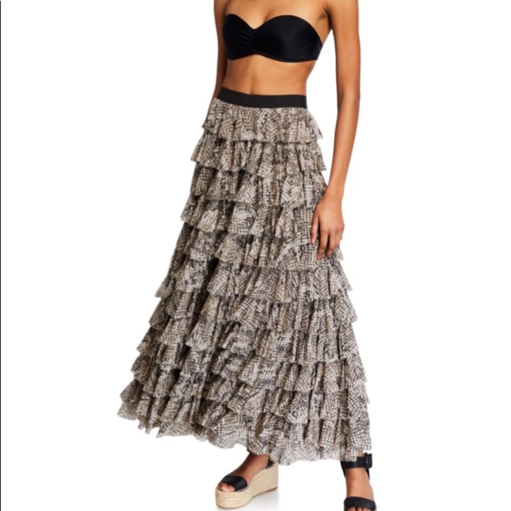 New Norma Kamali black & white layered ruffle maxi skirt delicate flowers XS